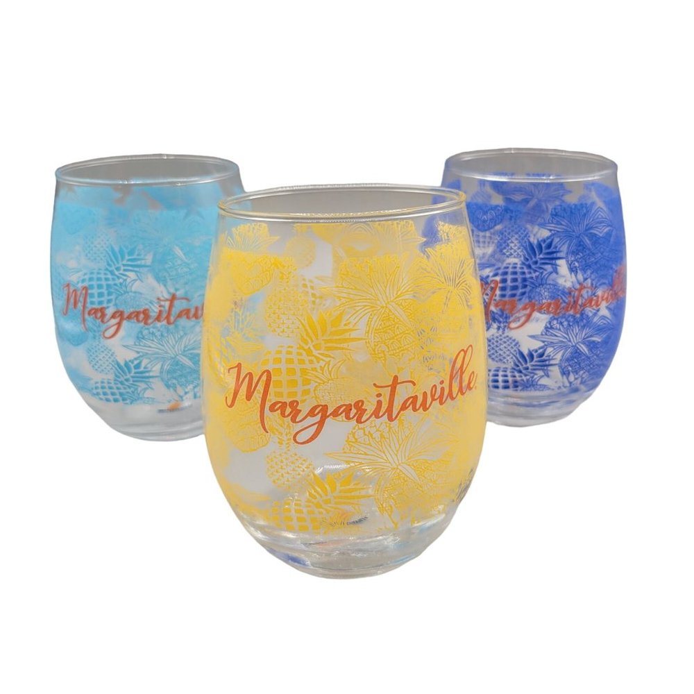 Margaritaville Glassware Jimmy Buffet Glasses Barware Pineapple Prints Set of 3